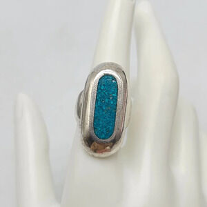 Artisan Taxco Modernist Sterling Silver Ring With Turquoise Chip Inlay 8.5
